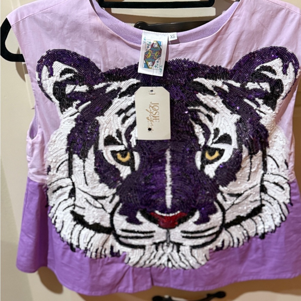 QUEEN OF SPARKLES Lavender Sequin Tiger Cropped Top NWT